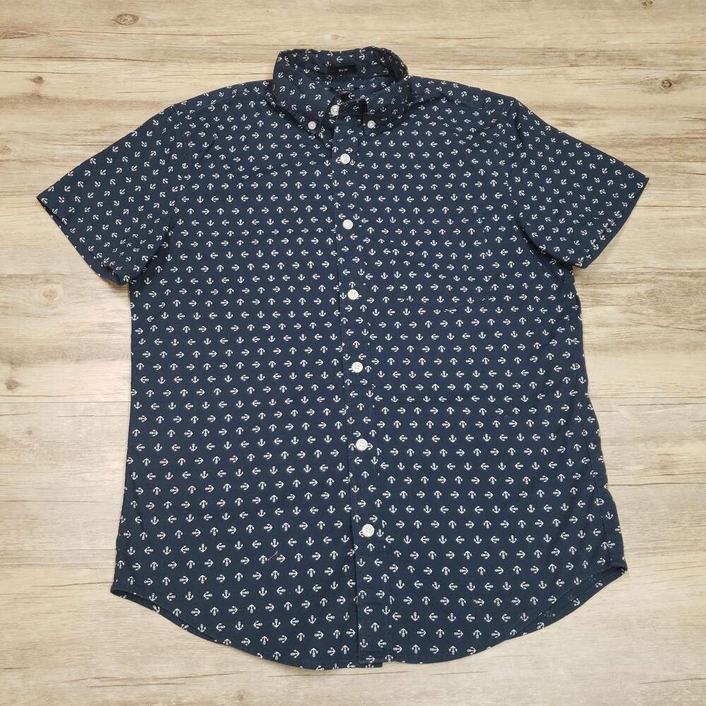 J.Crew Flex Washed Shirt Mens Small Blue Anchor Short Sleeve Button Up Slim